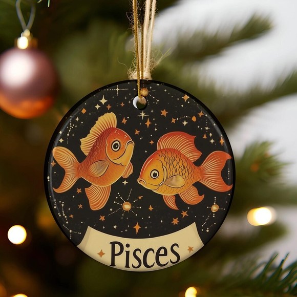 Pisces Zodiac Ce ramic Ornament Astrology Holiday Decor Pisces Circle Ornament - Picture 1 of 4